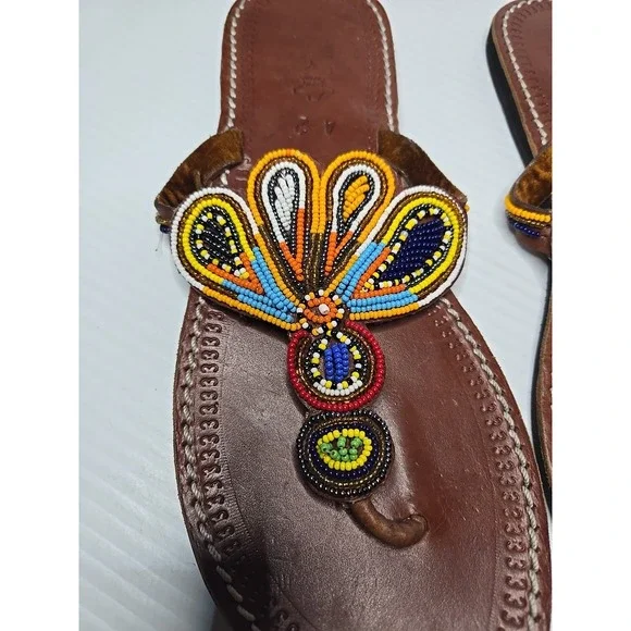 Womens Brown Learher Beaded Tong Sandals Size 42 / US 10 - Picture 2 of 6